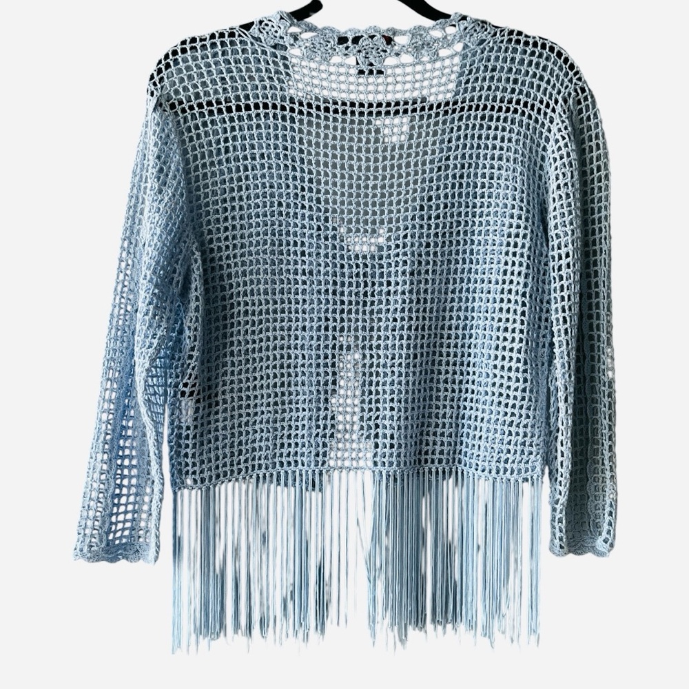 Debbie Shuchat Blue Crochet Fringe Front Tie Ramie Cotton Summer Top Small - Picture 3 of 7